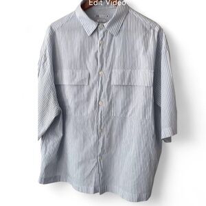 ZARA RELAXED FIT BLUE & WHITE PINSTRIPE SHORT SLEEVED SHIRT PATCH POCKETS LARGE